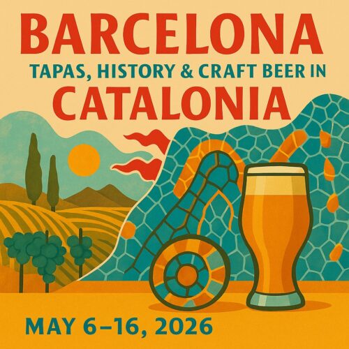 Mediterranean travel poster showing Gaudí-inspired mosaics, bright Catalan colors, and a modern craft-beer tulip glass silhouette