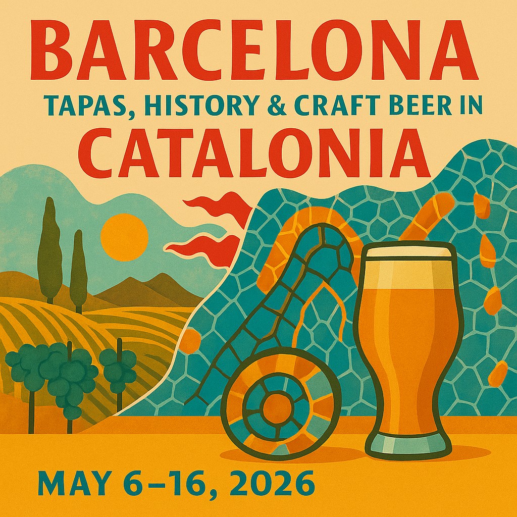 Mediterranean travel poster showing Gaudí-inspired mosaics, bright Catalan colors, and a modern craft-beer tulip glass silhouette