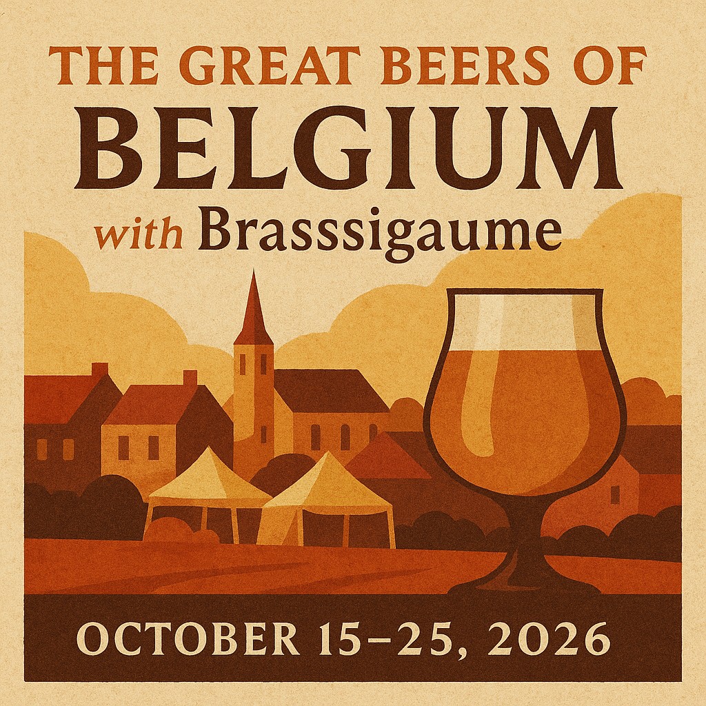 Rustic Belgian village festival poster with warm autumn colors, market tents, chalice glass silhouette and vintage textures