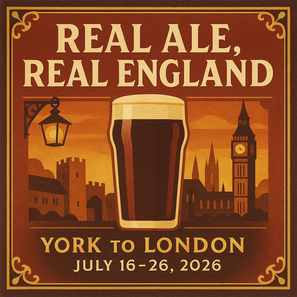Warm English pub-style poster with York Minster, Big Ben, Victorian borders and a traditional nonic pint glass silhouette