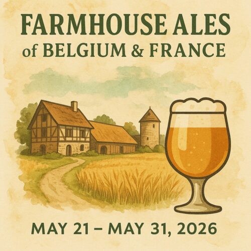 Rustic farmhouse-themed poster with parchment textures, wheat motifs, village silhouettes, and a saison-style tulip glass