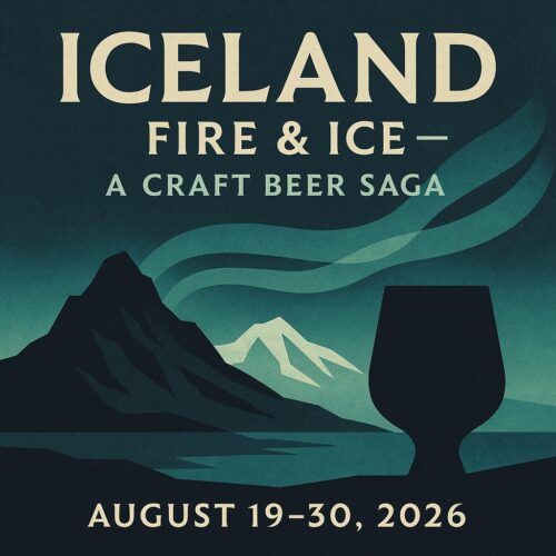 Modern Nordic minimalist poster featuring volcanic peaks, glaciers, aurora ribbons and a sleek craft tumbler silhouette