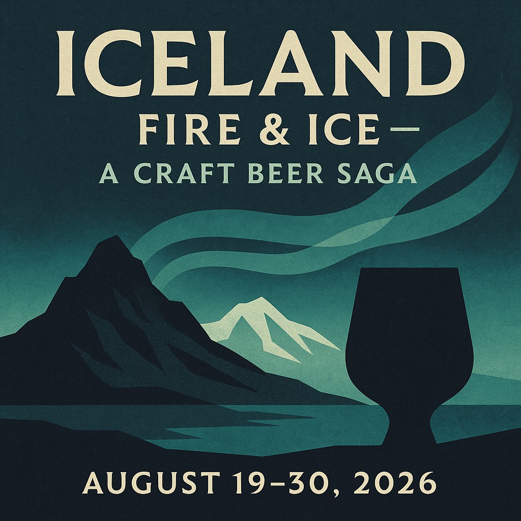 Modern Nordic minimalist poster featuring volcanic peaks, glaciers, aurora ribbons and a sleek craft tumbler silhouette