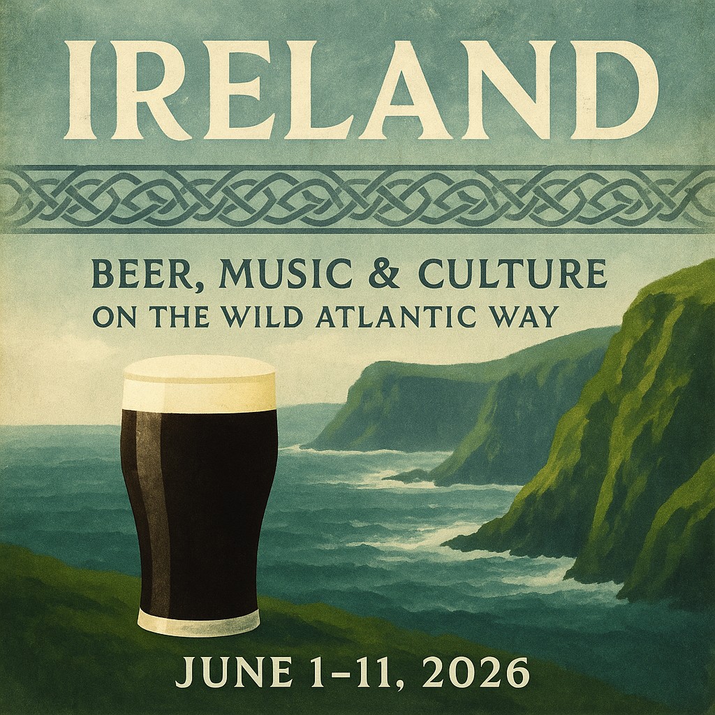 Misty coastline poster of Ireland’s Wild Atlantic Way with Celtic accents, dramatic cliffs and an imperial pint glass silhouette