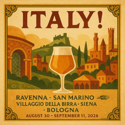 Italian Renaissance-inspired poster with mosaic motifs, hilltown silhouettes, warm Tuscan tones and a Teku beer glass