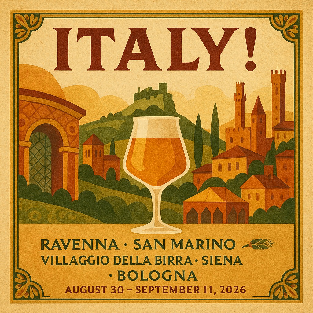 Italian Renaissance-inspired poster with mosaic motifs, hilltown silhouettes, warm Tuscan tones and a Teku beer glass