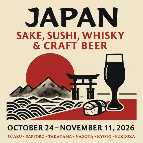 Minimal Japanese poster with rice-paper texture, red sun balance, brushstroke elements and a sake cup or sleek craft-glass silhouette