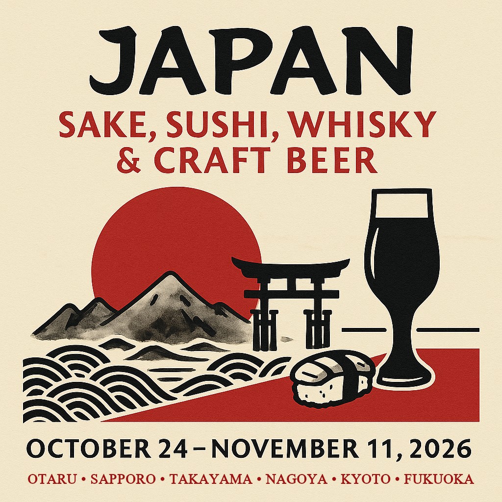 Minimal Japanese poster with rice-paper texture, red sun balance, brushstroke elements and a sake cup or sleek craft-glass silhouette