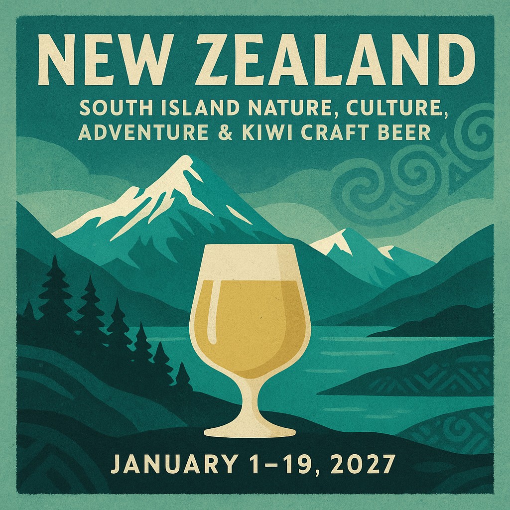 Adventure-style New Zealand poster with glacier blues, mountains, Māori-inspired patterns and a modern IPA stemless glass