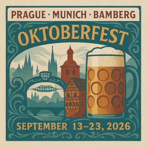 Art Nouveau and Bavarian-themed poster blending Prague spires, Munich fest motifs, Bamberg façades and a classic Oktoberfest stein