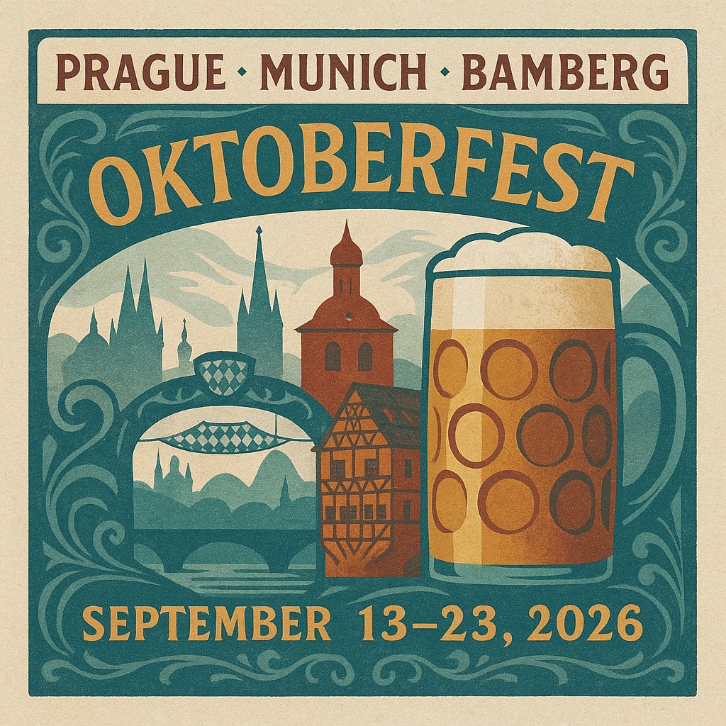 Art Nouveau and Bavarian-themed poster blending Prague spires, Munich fest motifs, Bamberg façades and a classic Oktoberfest stein