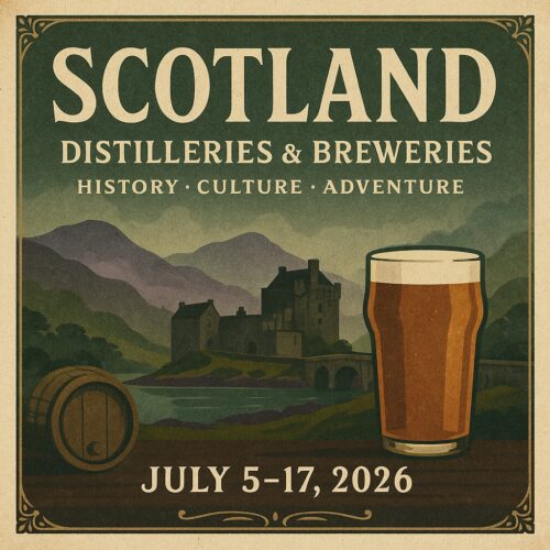 Highlands-inspired poster featuring castle silhouettes, whisky-label ornamentation, dramatic mountains and a UK pint glass silhouette