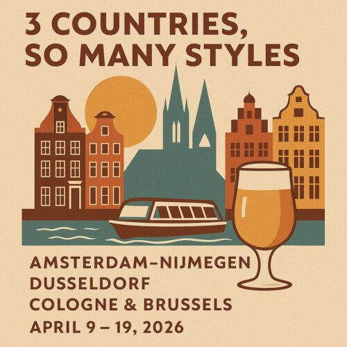 Travel poster depicting Amsterdam, Nijmegen, Düsseldorf, Cologne and Brussels with bold Northern European motifs and a tulip beer-glass silhouette