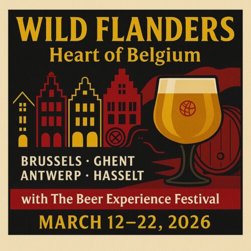Vintage-style poster for the Wild Flanders Beer Tour 2026 featuring Flemish canal houses, warm earthy tones, and a Belgian chalice glass silhouette