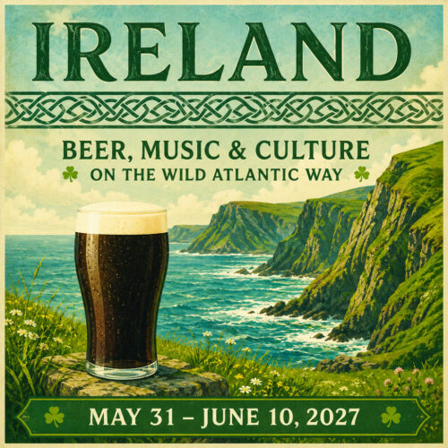 Vintage-style Ireland travel poster featuring a pint of stout overlooking the green cliffs of the Wild Atlantic Way